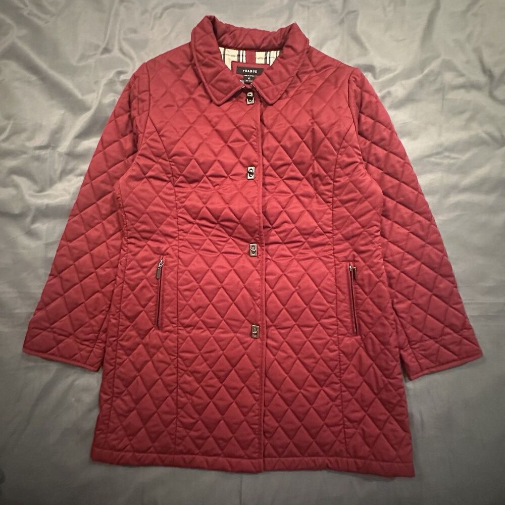 Prague Quilted Trench Coat Plaid Lined Womens XL Long Red Metal Button